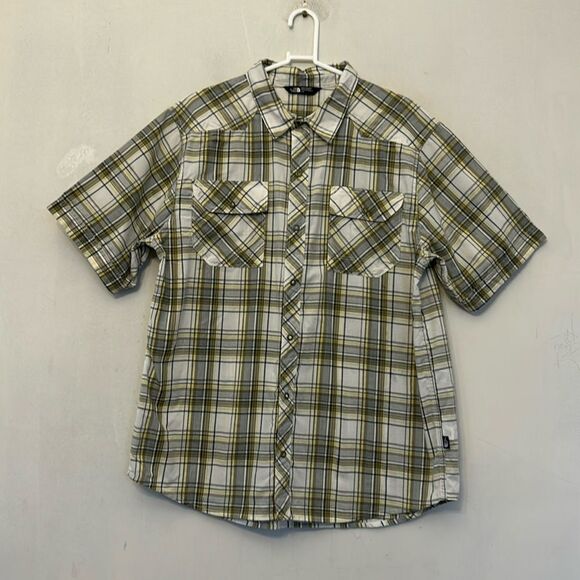 The North Face yellow gray plaid short snap button front shirt Size L EUC - Picture 1 of 12